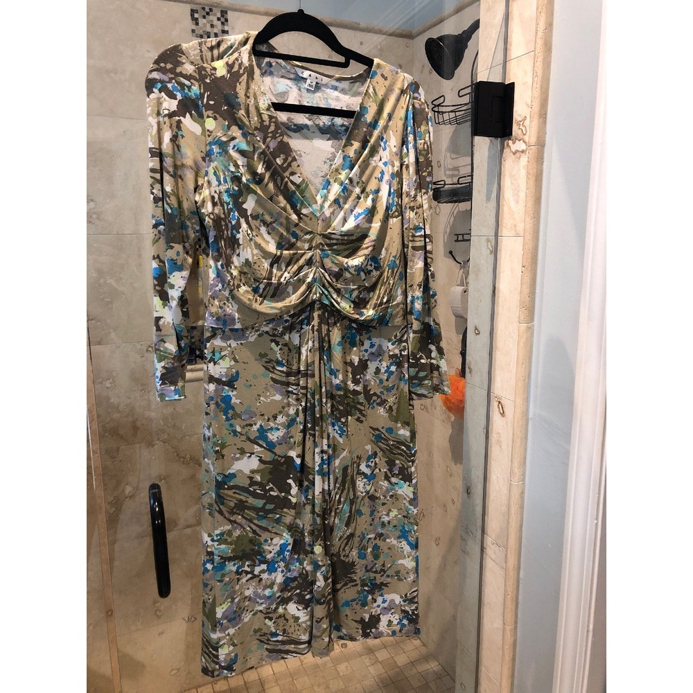 CAbi Womens Shift Dress M Brown Blue Green Floral V-Neck Ruched Long Sleeve 850